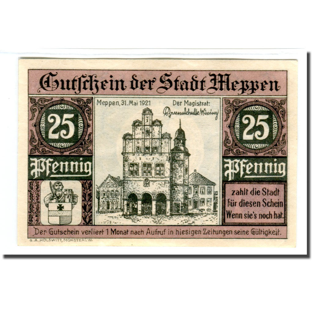 Billete, Alemania, Meppen, 25 Pfennig, personnage, 1921, 1921-05-31, SC