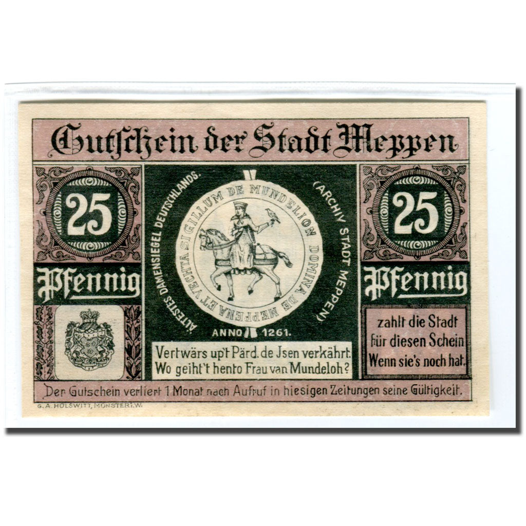 Billete, Alemania, Meppen, 25 Pfennig, personnage, 1921, 1921-05-31, SC