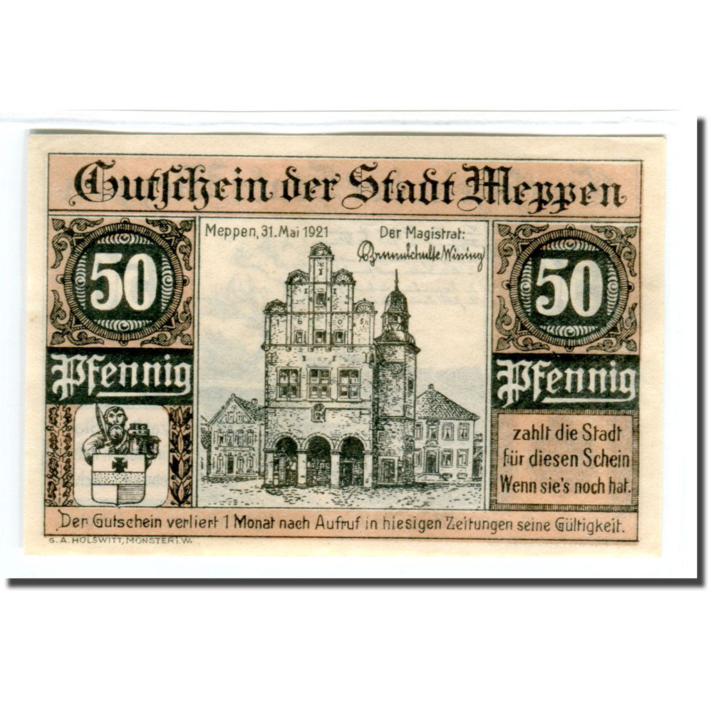 Banconote, Germania, Meppen, 50 Pfennig, paysage, 1921, 1921-05-31, SPL