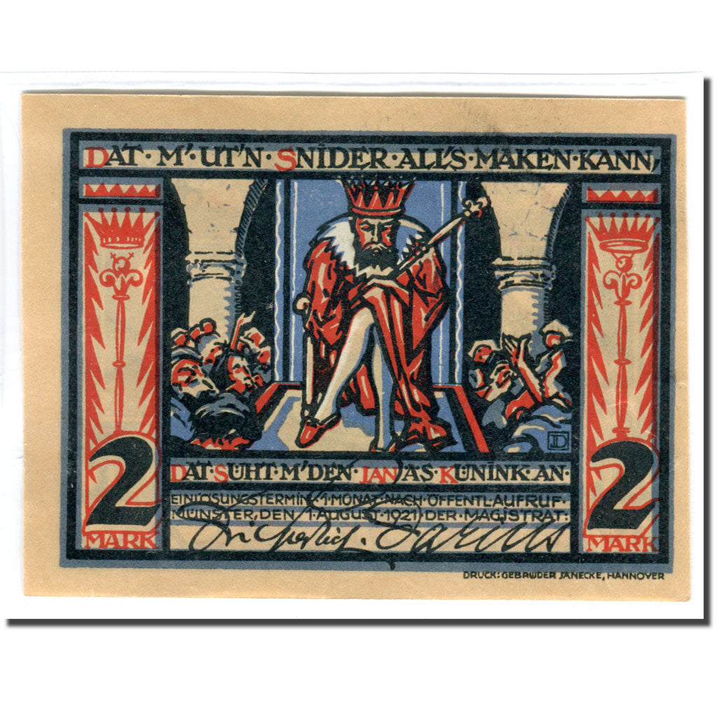 Banknote, Germany, Munster, 2 Mark, Armoirie, 1921, 1921-08-01, UNC(63)