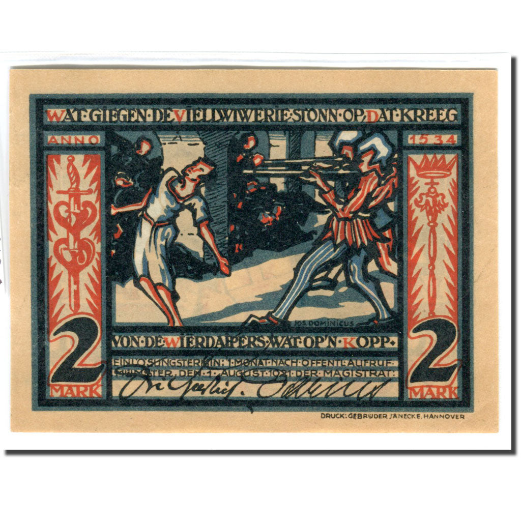 Geldschein, Deutschland, Munster, 2 Mark, personnage, 1921, 1921-08-01, UNZ-
