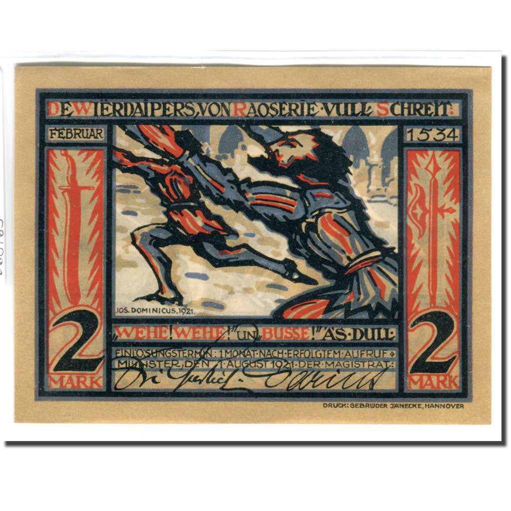 Geldschein, Deutschland, Munster, 2 Mark, personnage 1, 1921, 1921-08-01, UNZ-