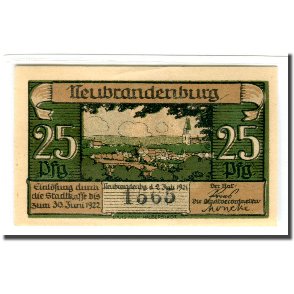Geldschein, Deutschland, Neubrandenburg Stadt, 25 Pfennig, paysage, 1921