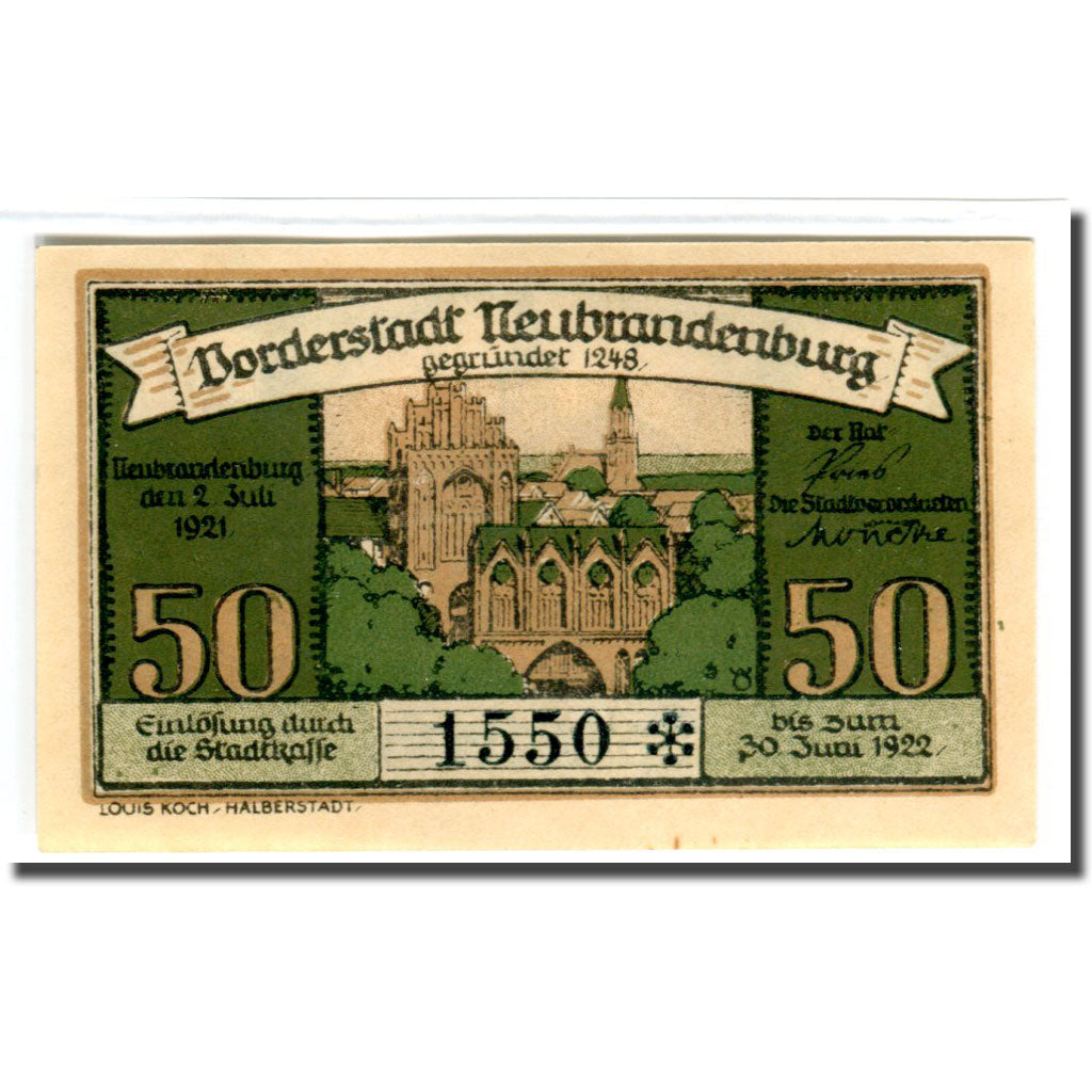 Geldschein, Deutschland, Neubrandenburg Stadt, 50 Pfennig, Batiment, 1921