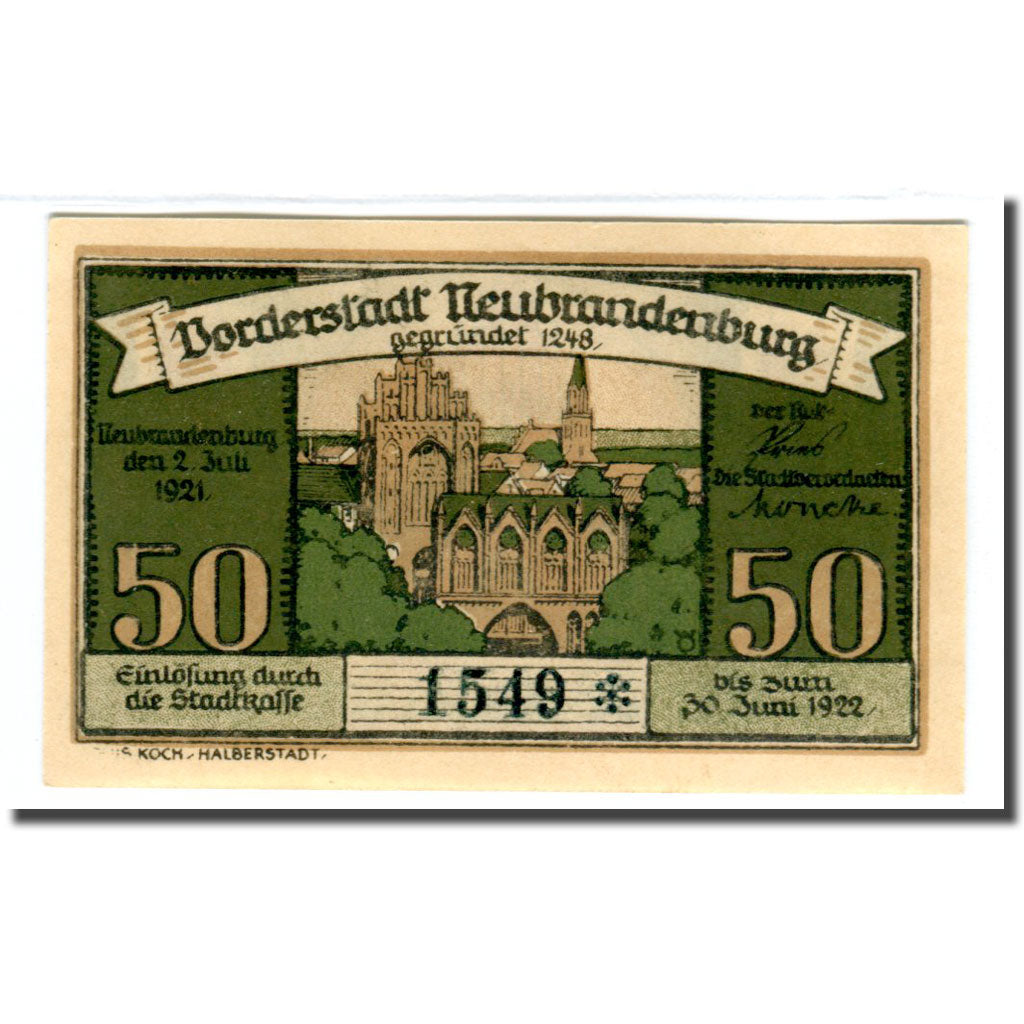 Banknote, Germany, Neubrandenburg Stadt, 50 Pfennig, batiment 1, 1921
