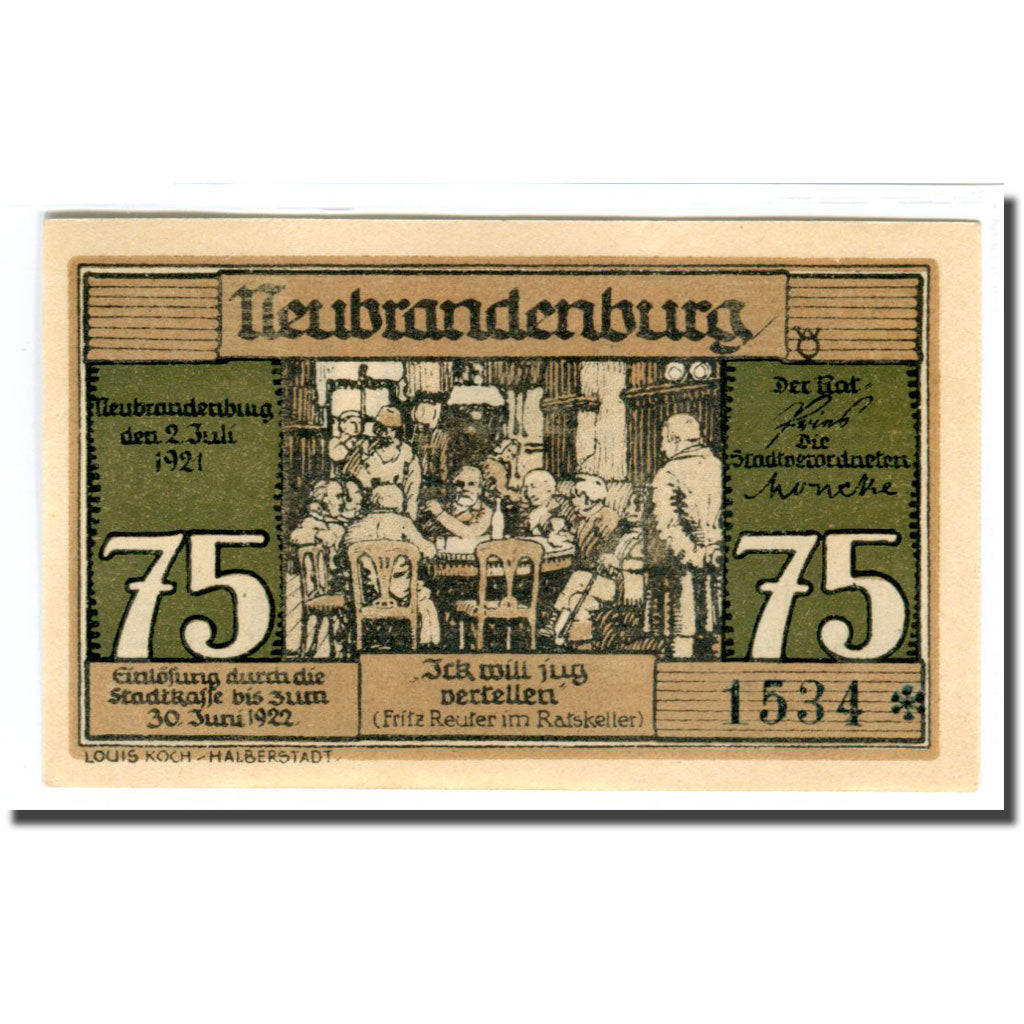 Banknote, Germany, Neubrandenburg Stadt, 75 Pfennig, personnage, 1921