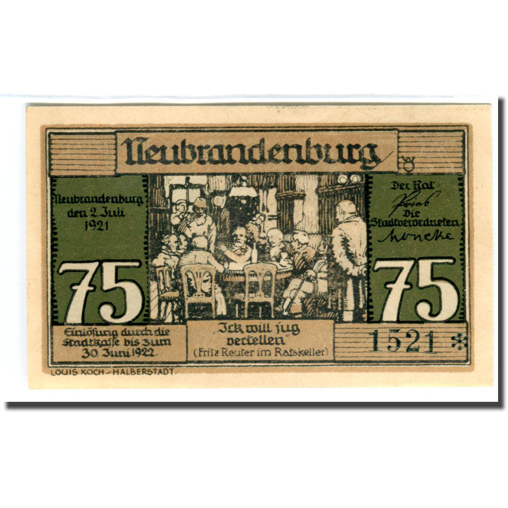Billet, Allemagne, Neubrandenburg Stadt, 75 Pfennig, personnage 1, 1921
