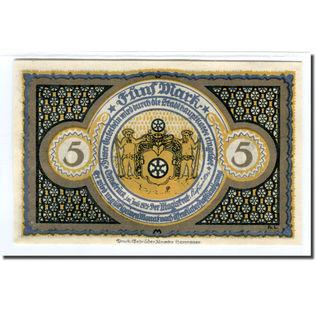 Banknote, Germany, Osnabruck, 5 Mark, personnage, 1921, UNC(63), Mehl:1032.1