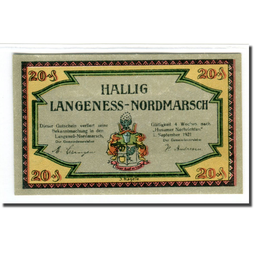 Geldschein, Deutschland, Langeness Nordmarsch, 20 Pfennig, paysage, 1921