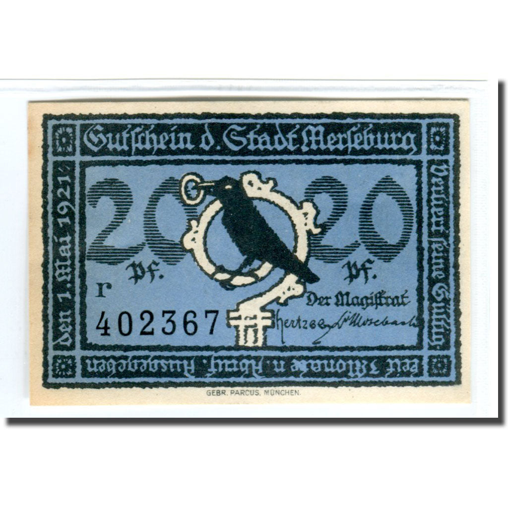 Biljet, Duitsland, Merseburg Stadt, 20 Pfennig, personnage 1, 1921, 1921-05-01