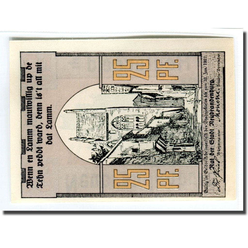 Geldschein, Deutschland, Neubrandenburg Stadt, 25 Pfennig, Batiment, 1922