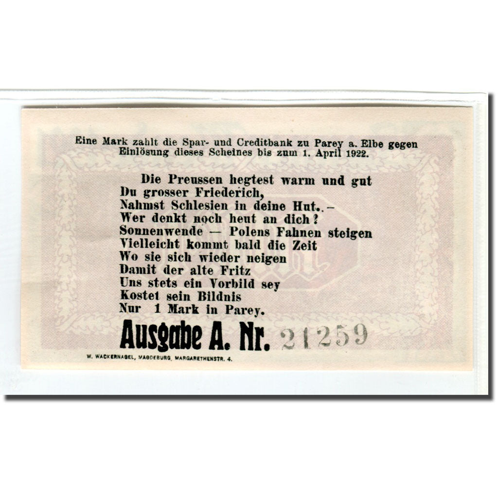 Banconote, Germania, Parey a.d Elbe, 1 Mark, personnage, 1922, 1922-04-01, SPL