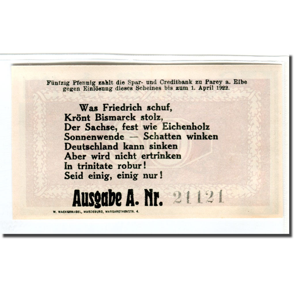 Banconote, Germania, Parey a.d Elbe, 50 Pfennig, personnage 2, 1922, 1922-04-01