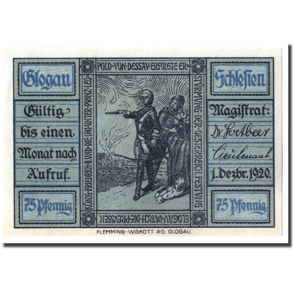 Banconote, Germania, Glogau Stadt, 75 Pfennig, guerre, 1920, 1920-12-01, SPL