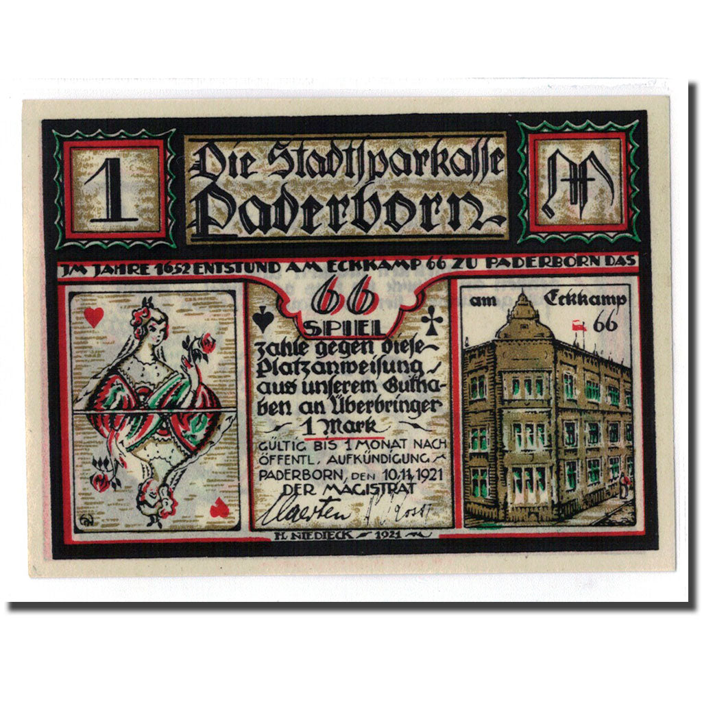 Geldschein, Deutschland, Paderborn, 1 Mark, personnage 2, 1921, 1921-11-10