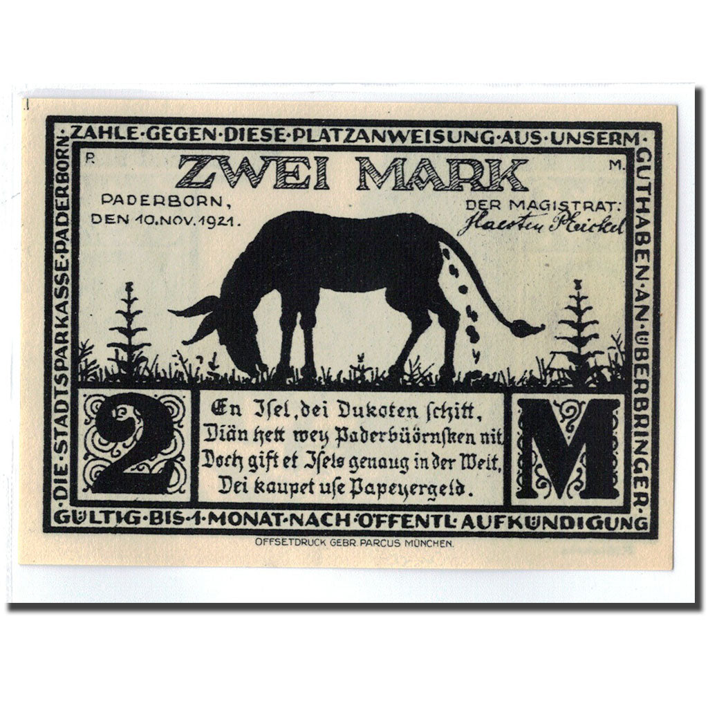 Banknote, Germany, Paderborn, 2 Mark, animal, 1921, 1921-11-10, UNC(63)