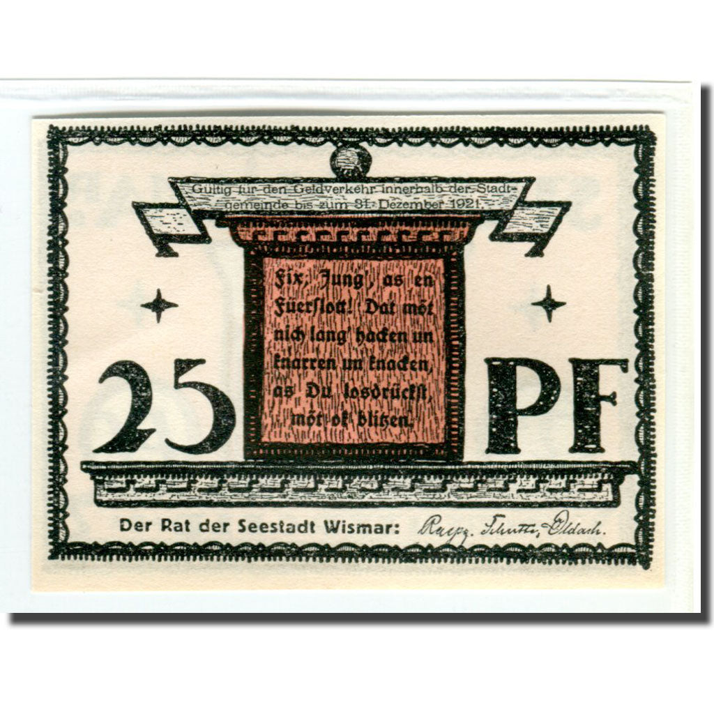 Banknote, Germany, Wismar, 25 Pfennig, Batiment, 1921, 1921-12-31, UNC(63)