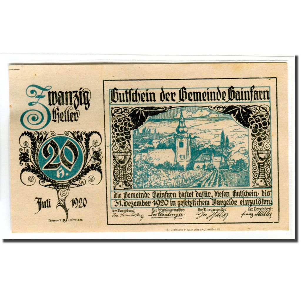 Banknote, Austria, Gainfarn, 20 Heller, Blason, 1920, AU(55-58), Mehl:217