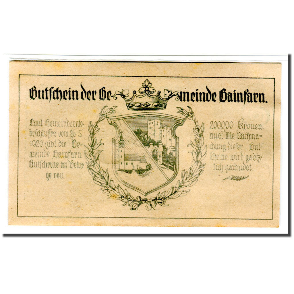 Banknote, Austria, Gainfarn, 20 Heller, Blason, 1920, AU(55-58), Mehl:217