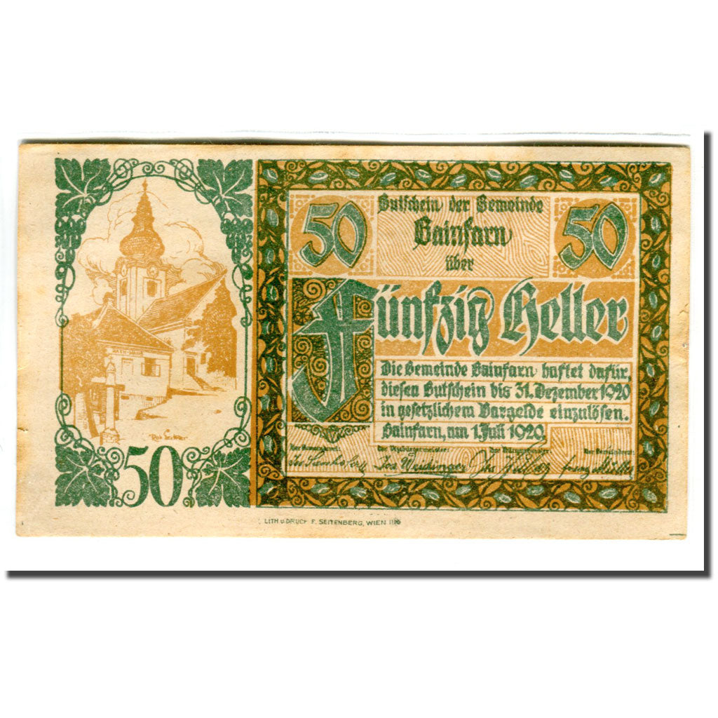 Banknote, Austria, Gainfarn, 50 Heller, Blason 1, 1920, AU(55-58), Mehl:217