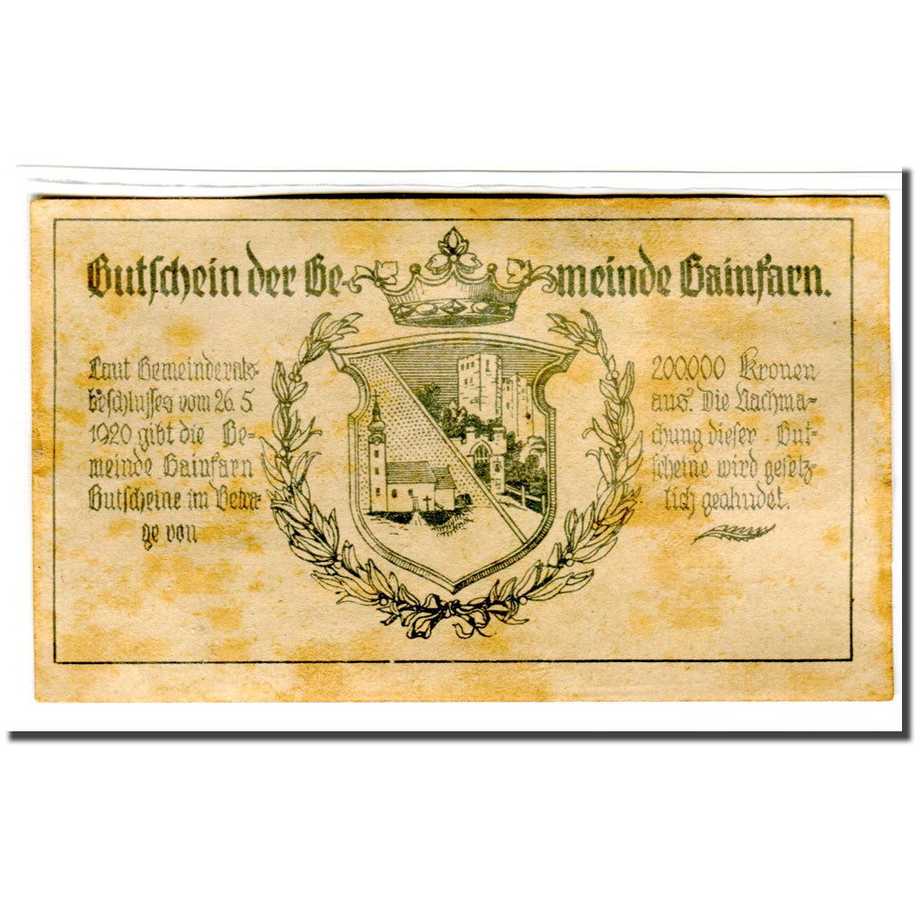 Banknote, Austria, Gainfarn, 50 Heller, Blason 1, 1920, AU(55-58), Mehl:217
