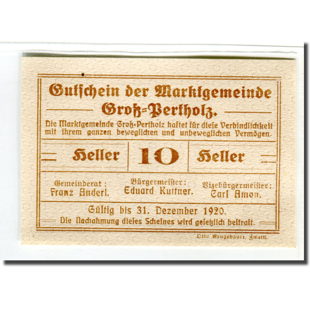 Banknote, Austria, Gross-Pertholz, 10 Heller, N.D, 1920, UNC(63), Mehl:295