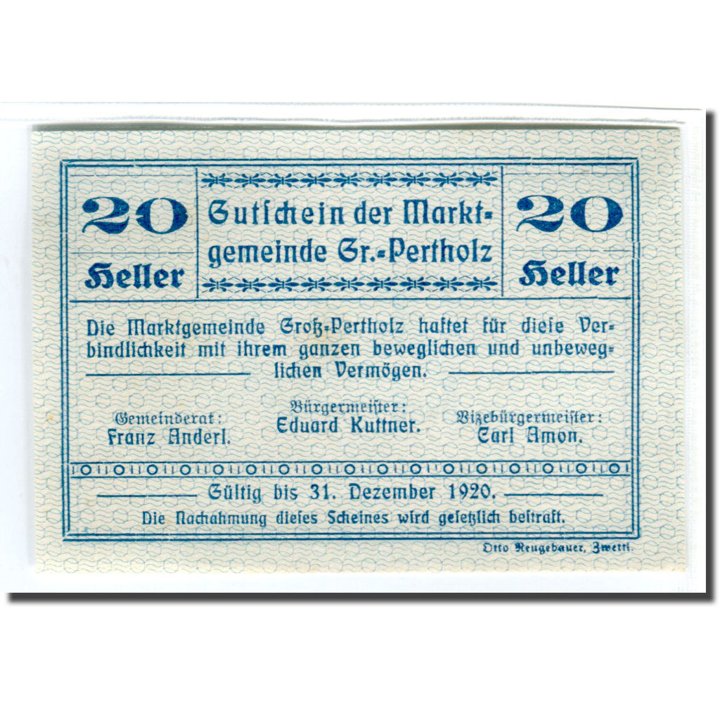 Banknote, Austria, Gross-Pertholz, 20 Heller, N.D, 1920, UNC(63), Mehl:295