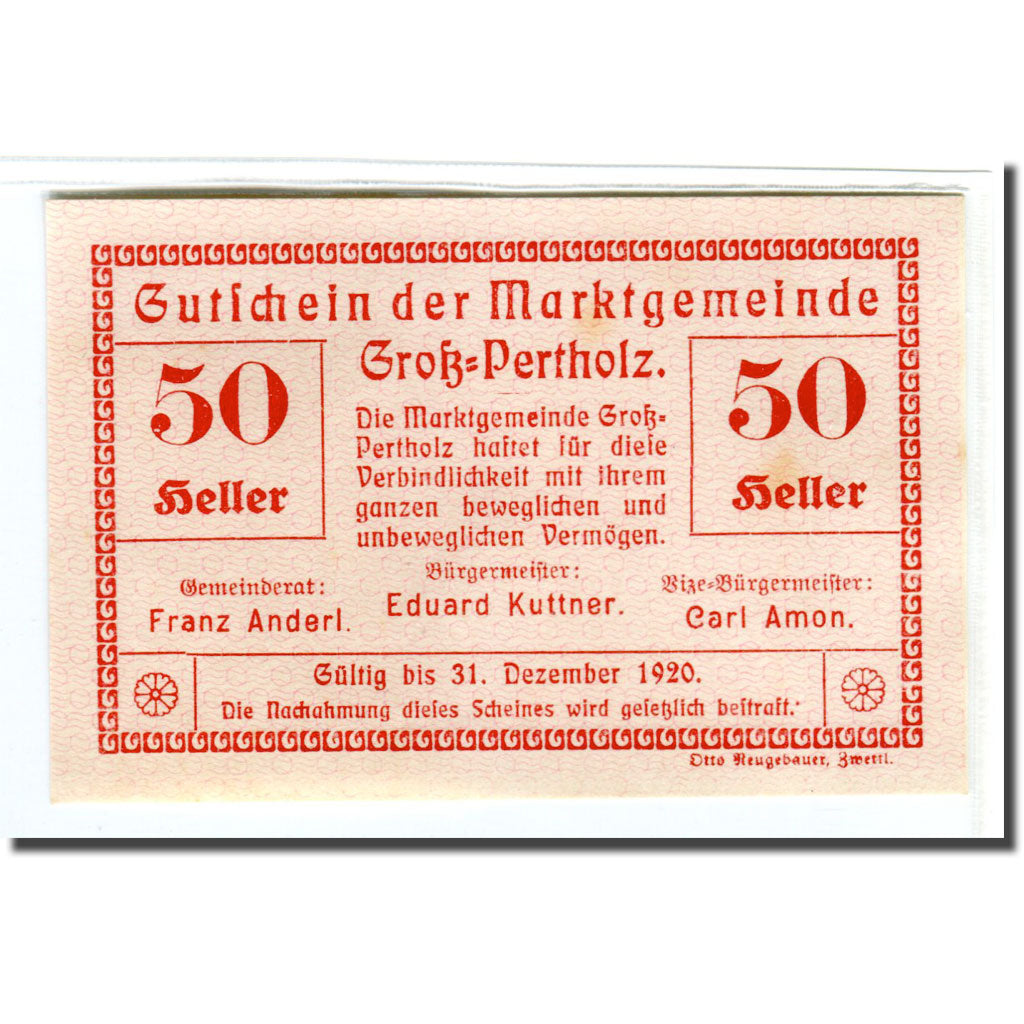 Banknote, Austria, Gross-Pertholz, 50 Heller, N.D, 1920, UNC(63), Mehl:295