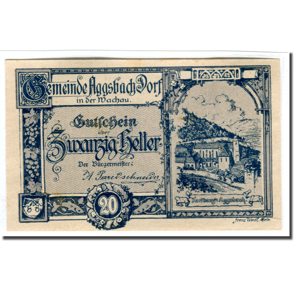 Billete, Austria, Aggsbach Dorf, 20 Heller, Texte, 1920, SC, Mehl:8
