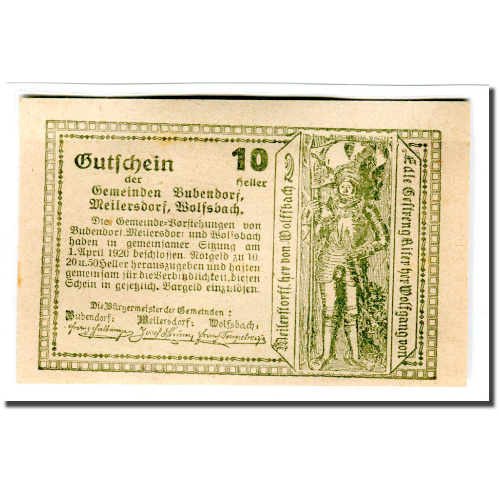 Billete, Austria, Bubendorf, 10 Heller, chevalier, 1920, 1920-04-01, SC
