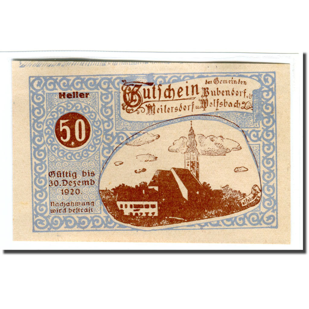 Banknote, Austria, Bubendorf, 50 Heller, chevalier 2, 1920, 1920-04-01, UNC(63)