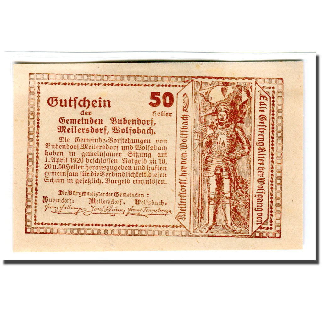 Banknote, Austria, Bubendorf, 50 Heller, chevalier 2, 1920, 1920-04-01, UNC(63)