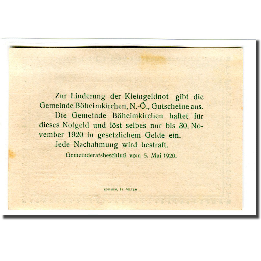 Banknote, Austria, Böheimkirchen, 10 Heller, Texte, 1920, 1920-05-05, UNC(63)