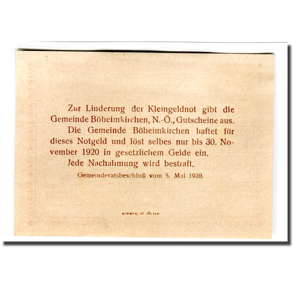 Banknote, Austria, Böheimkirchen, 20 Heller, texte 1, 1920, 1920-05-05