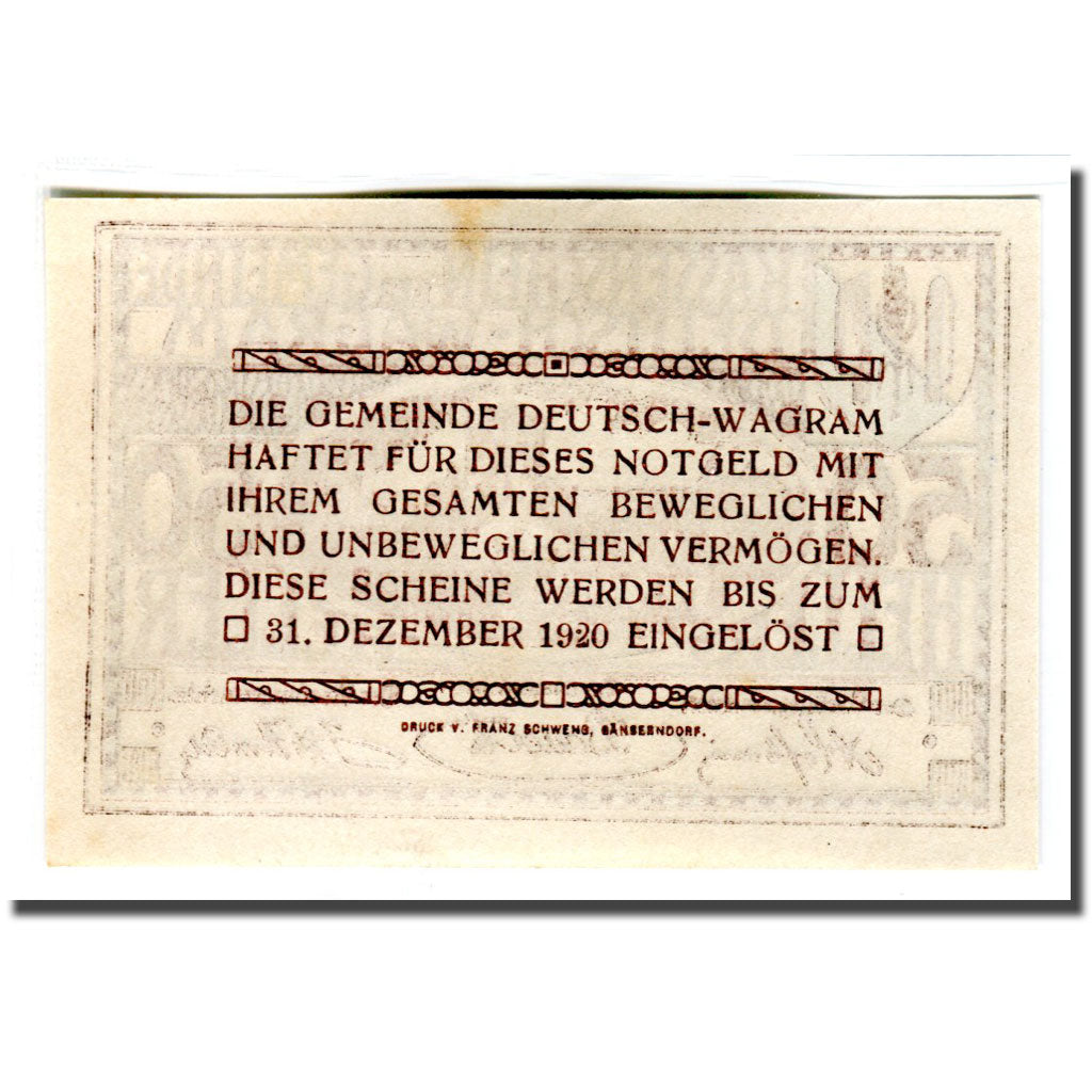 Banknote, Austria, Deutsch-Wagram, 50 Heller, texte 1, 1920, UNC(63), Mehl:121bF
