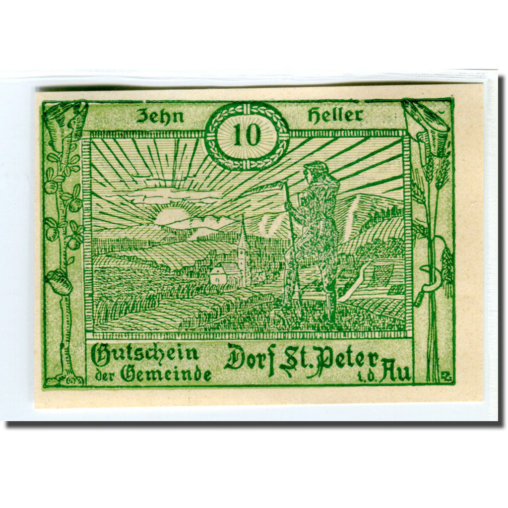 Banknote, Austria, St. Peter in der Au N.Ö. Dorf, 10 Heller, Texte, 1920