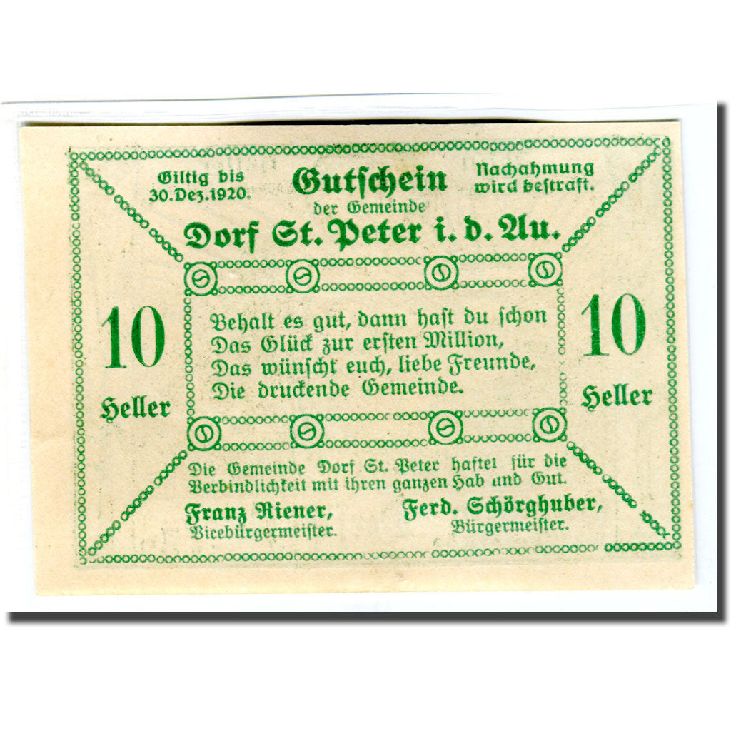 Banknote, Austria, St. Peter in der Au N.Ö. Dorf, 10 Heller, Texte, 1920