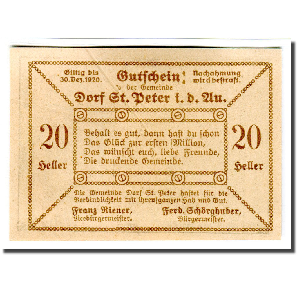 Banknote, Austria, St. Peter in der Au N.Ö. Dorf, 20 Heller, texte 1, 1920