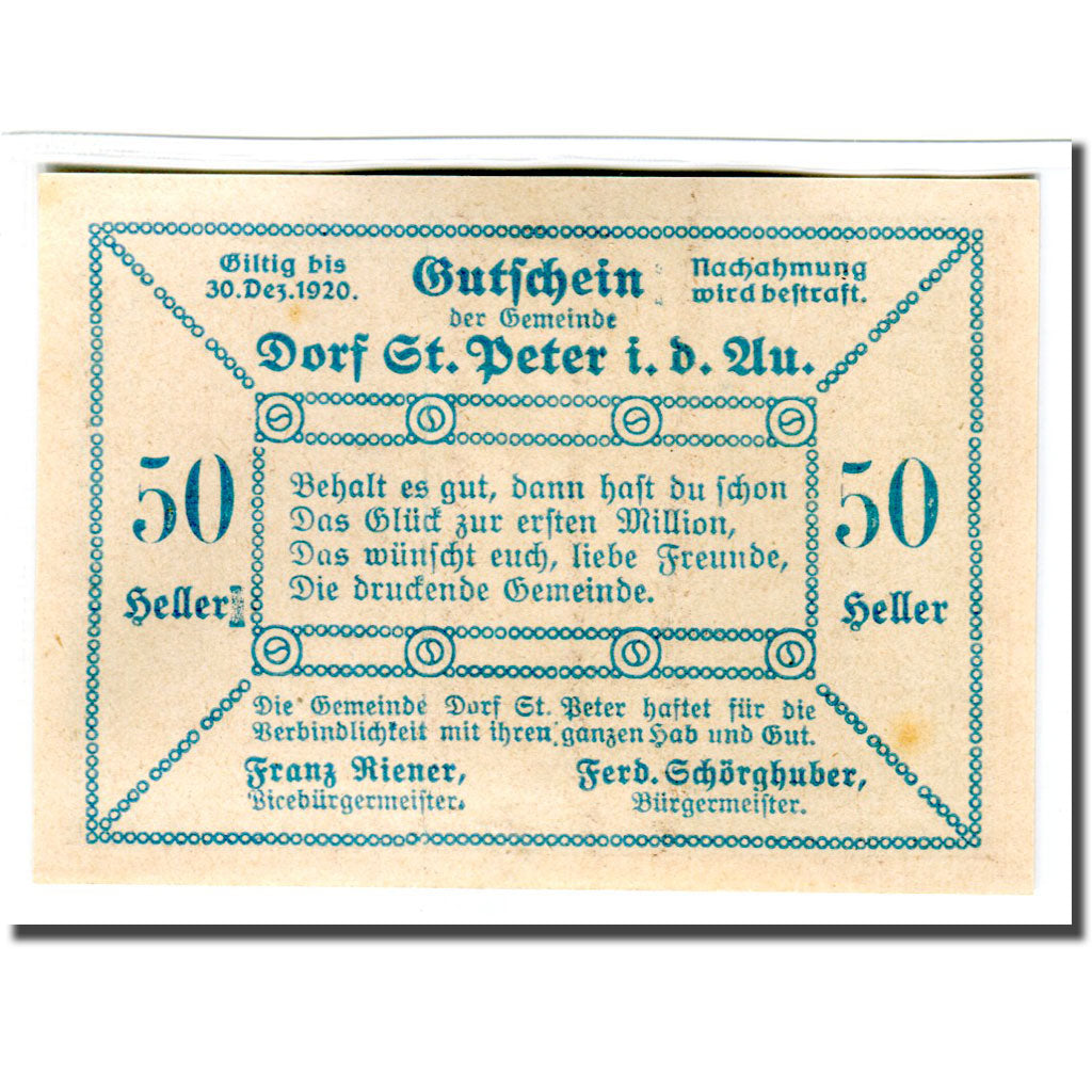 Banknote, Austria, St. Peter in der Au N.Ö. Dorf, 50 Heller, Texte 2, 1920