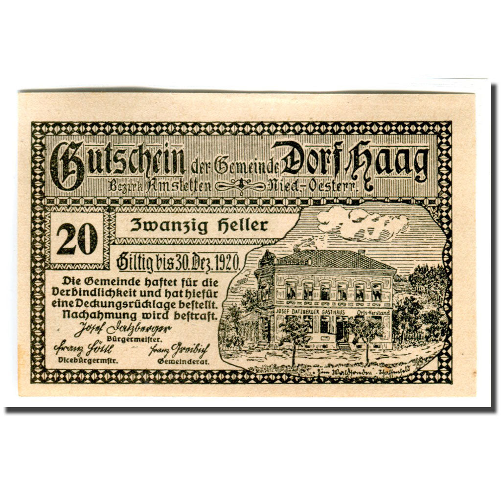 Banknote, Austria, Dorf Haag, 20 Heller, Batiment, 1920, UNC(63), Mehl:317c