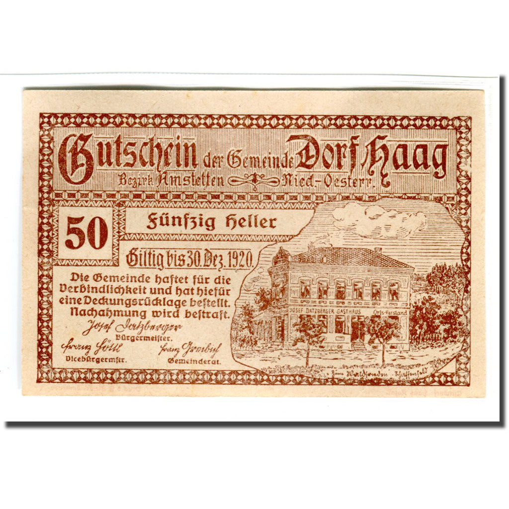 Banknote, Austria, Dorf Haag, 50 Heller, batiment 1, 1920, UNC(63), Mehl:317c