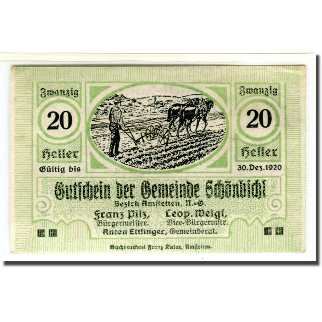 Banknote, Austria, Schonbichl, 20 Heller, Texte, 1920, 1920-03-21, UNC(63)