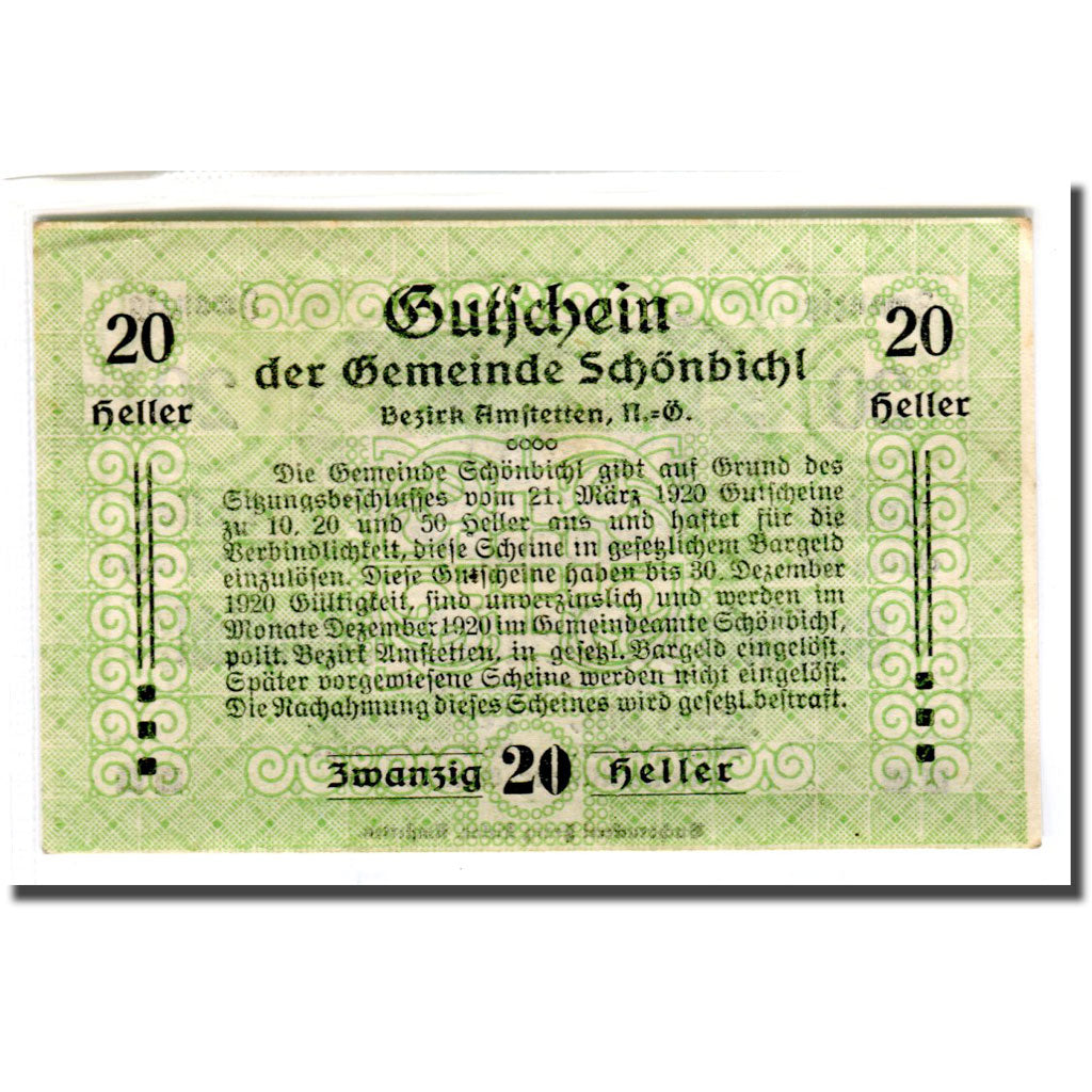 Banknote, Austria, Schonbichl, 20 Heller, Texte, 1920, 1920-03-21, UNC(63)