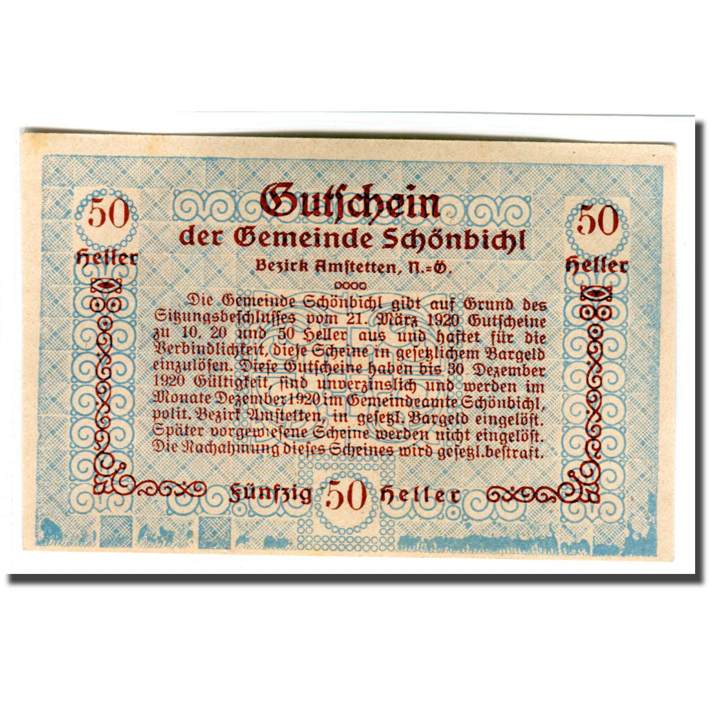 Banknote, Austria, Schonbichl, 50 Heller, texte 1, 1920, 1920-03-21, UNC(63)
