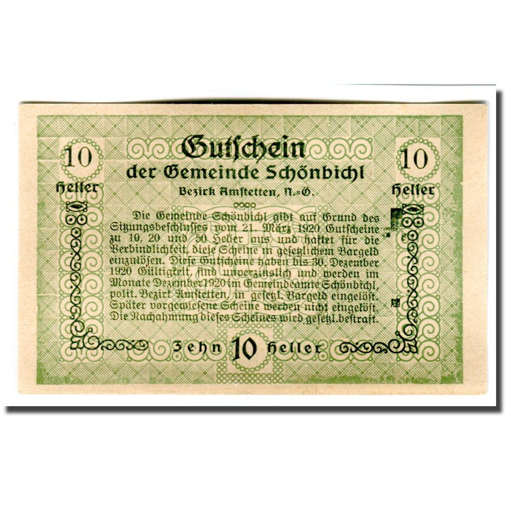 Banknote, Austria, Schonbichl, 10 Heller, Texte 2, 1920, 1920-03-21, UNC(63)