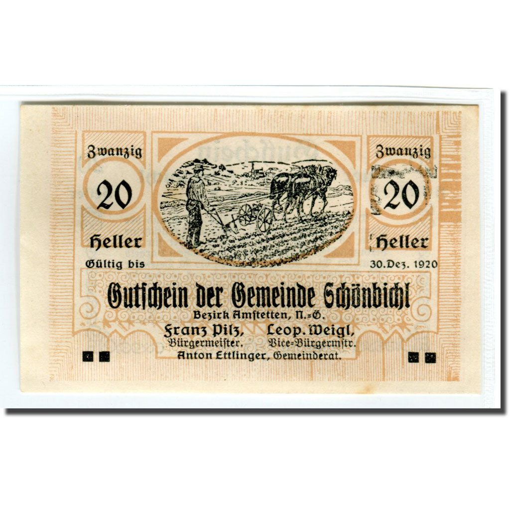 Banknote, Austria, Schonbichl, 20 Heller, Texte 3, 1920, 1920-03-21, UNC(63)