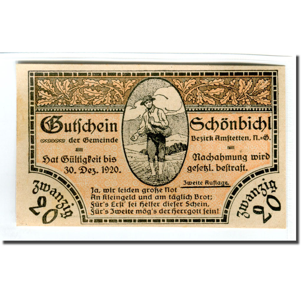 Banknote, Austria, Schonbichl, 20 Heller, Texte 6, 1920, 1920-03-21, UNC(63)
