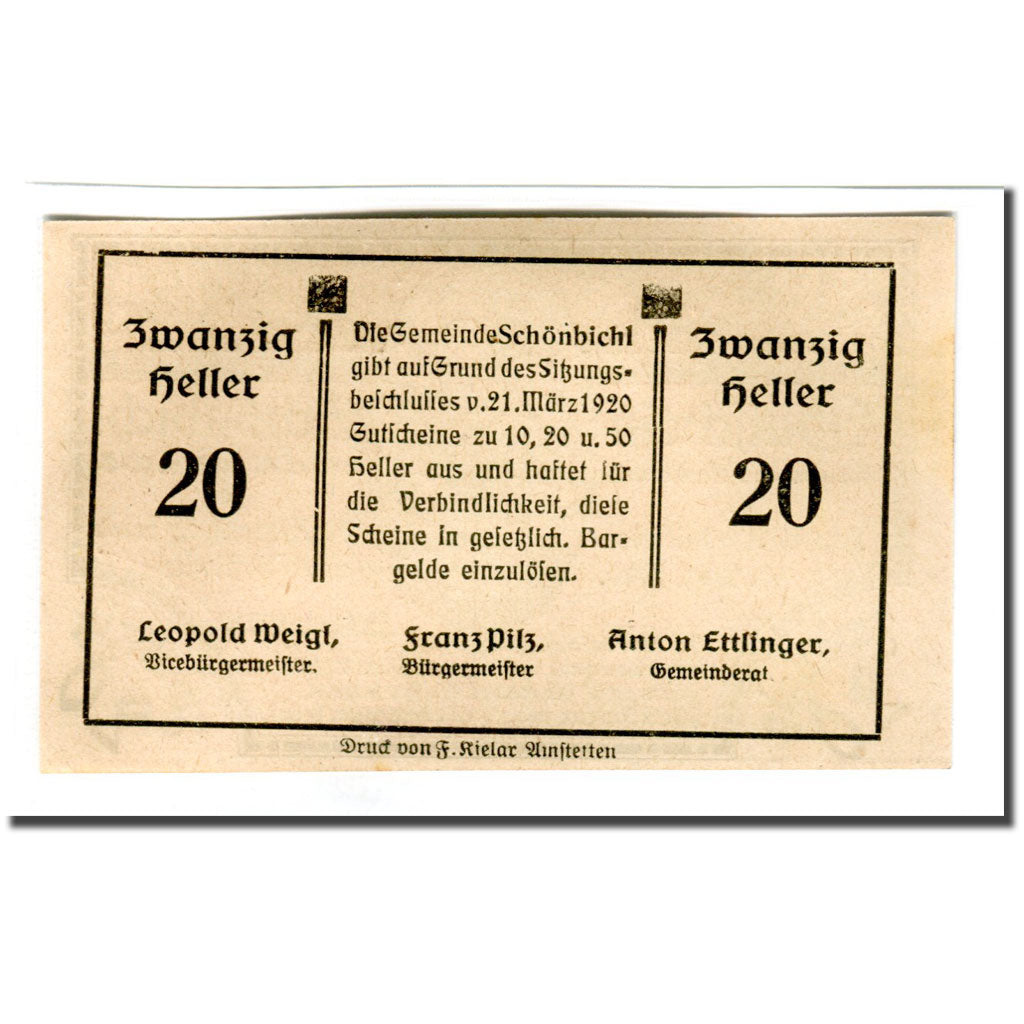 Banknote, Austria, Schonbichl, 20 Heller, Texte 6, 1920, 1920-03-21, UNC(63)