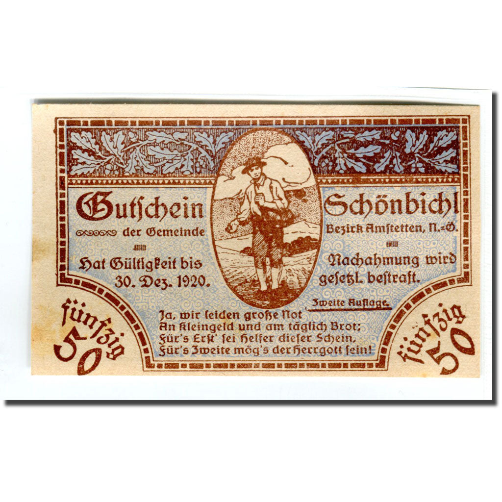 Banknote, Austria, Schonbichl, 50 Heller, Texte 7, 1920, 1920-03-21, UNC(63)