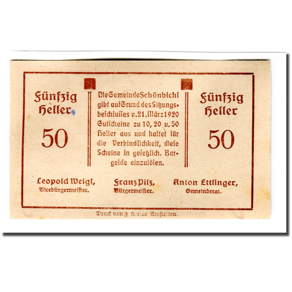 Banknote, Austria, Schonbichl, 50 Heller, Texte 7, 1920, 1920-03-21, UNC(63)